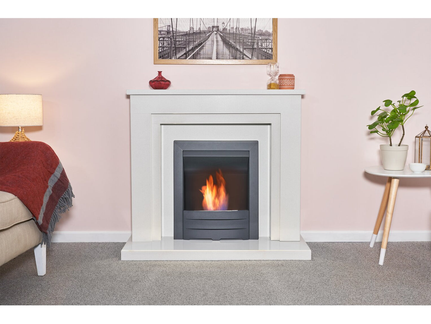 Dallas White Marble Fireplace with Downlights & Colorado Bio Ethanol Fire in Black, 42 Inch