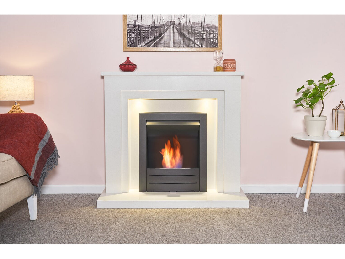 Dallas White Marble Fireplace with Downlights & Colorado Bio Ethanol Fire in Black, 42 Inch