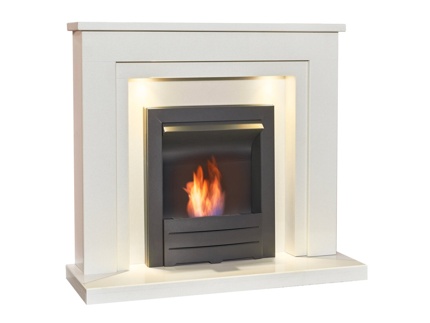 Dallas White Marble Fireplace with Downlights & Colorado Bio Ethanol Fire in Black, 42 Inch