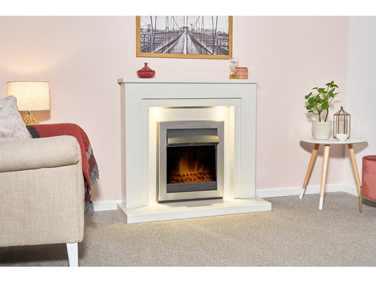 Dallas White Marble Fireplace with Downlights & Vancouver Electric Fire in Brushed Steel, 42 Inch