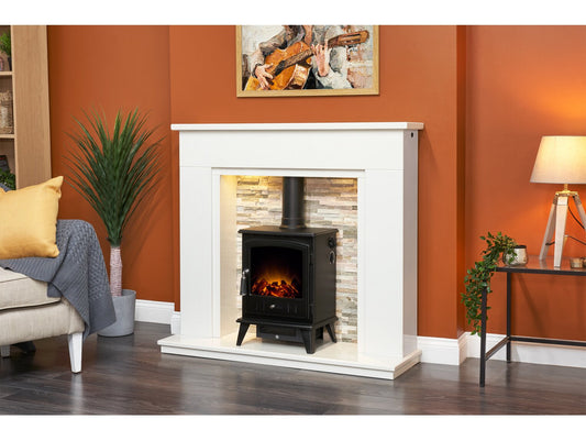 Amalfi White Marble Fireplace with Downlights & Aviemore Electric Stove in Black, 48 Inch