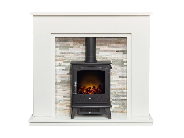 Amalfi White Marble Fireplace with Downlights & Aviemore Electric Stove in Black, 48 Inch