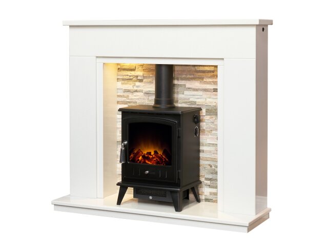 Amalfi White Marble Fireplace with Downlights & Aviemore Electric Stove in Black, 48 Inch