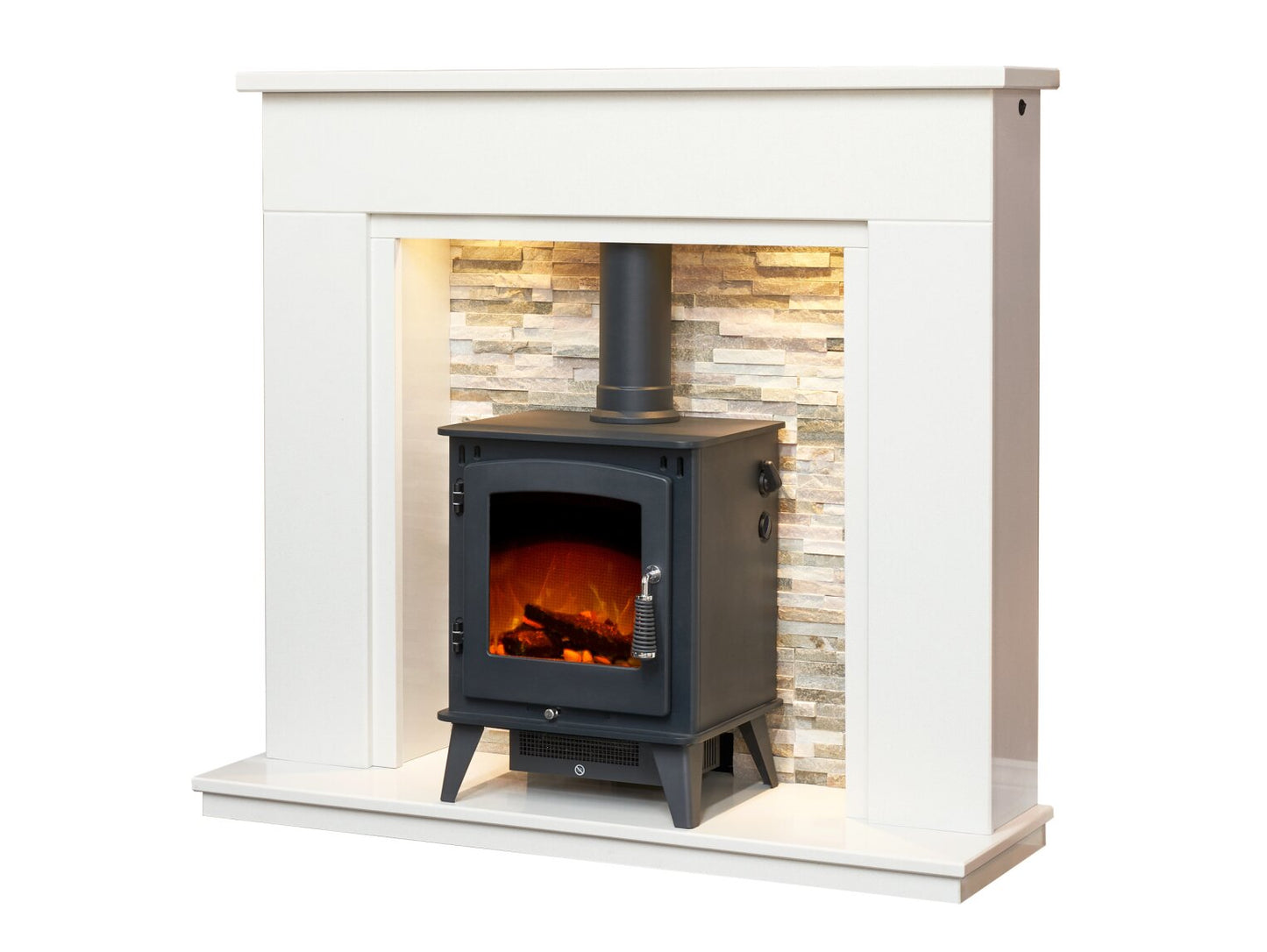 Amalfi White Marble Fireplace with Downlights & Echo Electric Stove in Charcoal Grey, 48 Inch