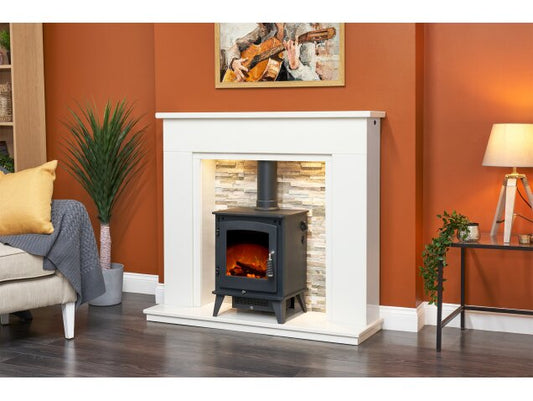 Amalfi White Marble Fireplace with Downlights & Echo Electric Stove in Charcoal Grey, 48 Inch