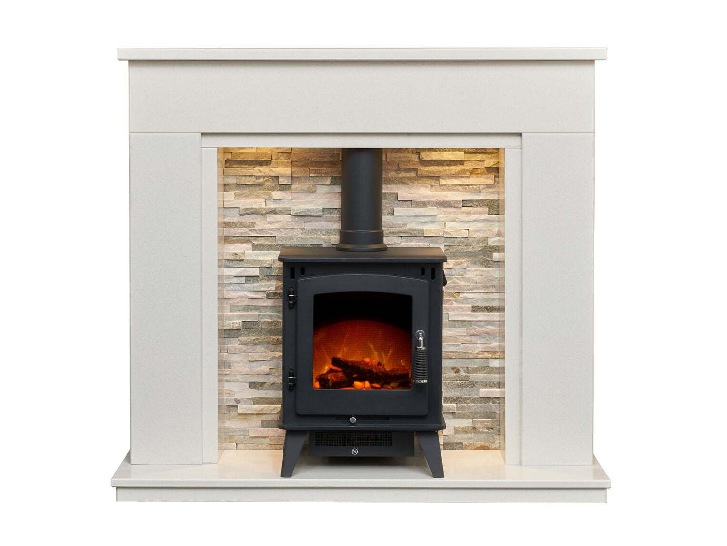 Amalfi White Marble Fireplace with Downlights & Echo Electric Stove in Charcoal Grey, 48 Inch