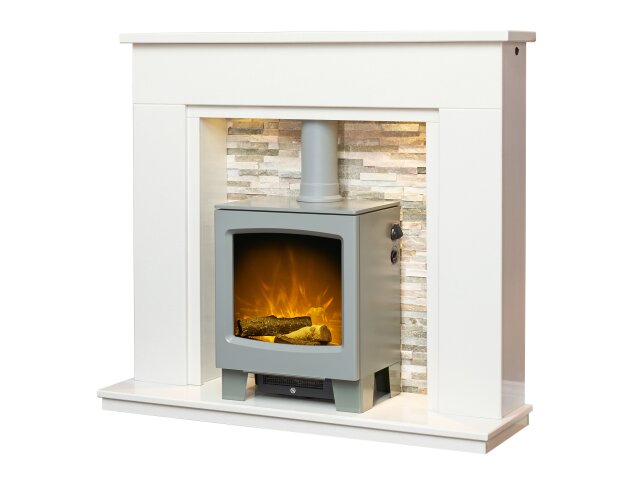 Amalfi White Marble Fireplace with Downlights & Lunar Electric Stove in Grey, 48 Inch