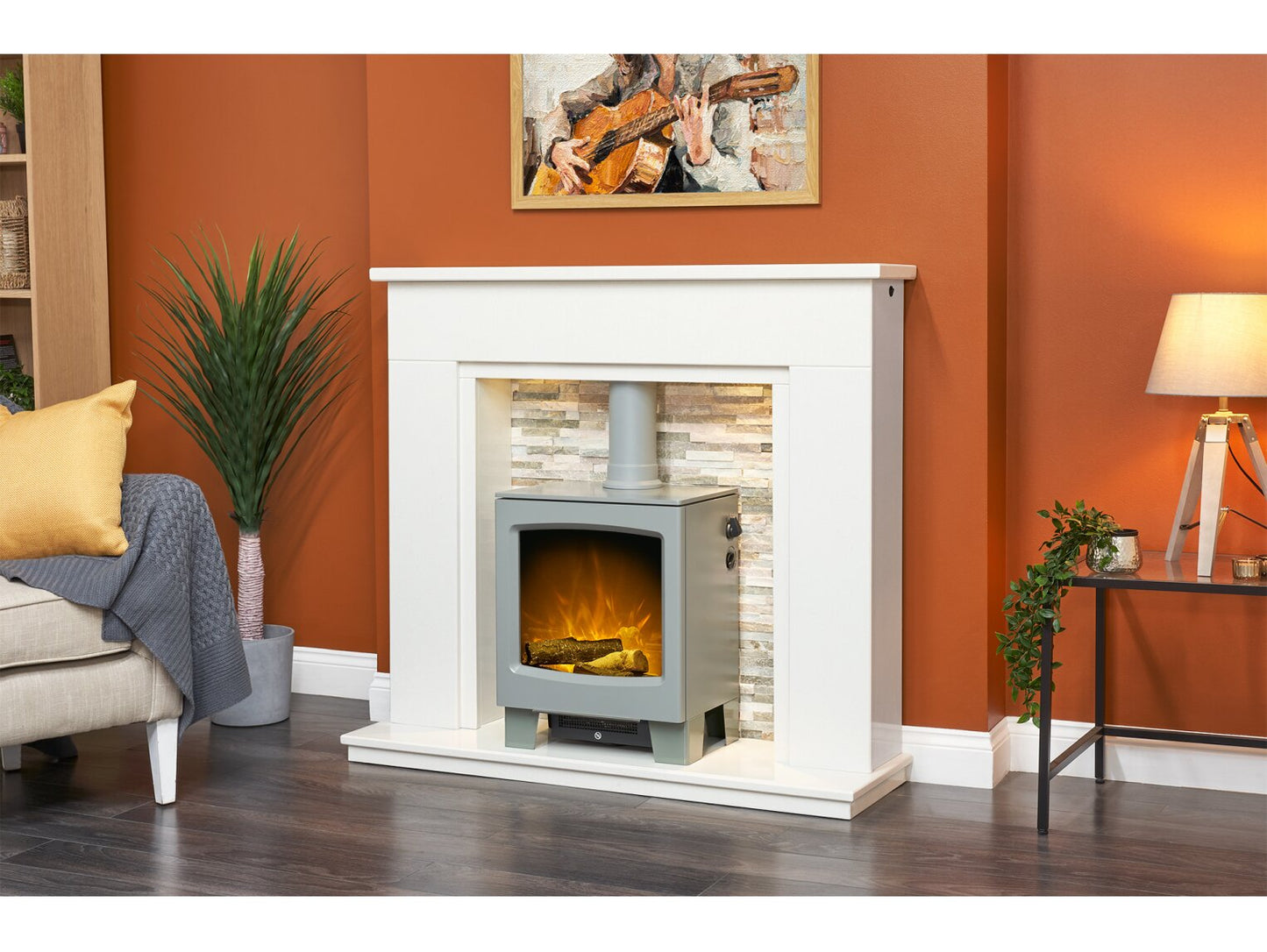 Amalfi White Marble Fireplace with Downlights & Lunar Electric Stove in Grey, 48 Inch