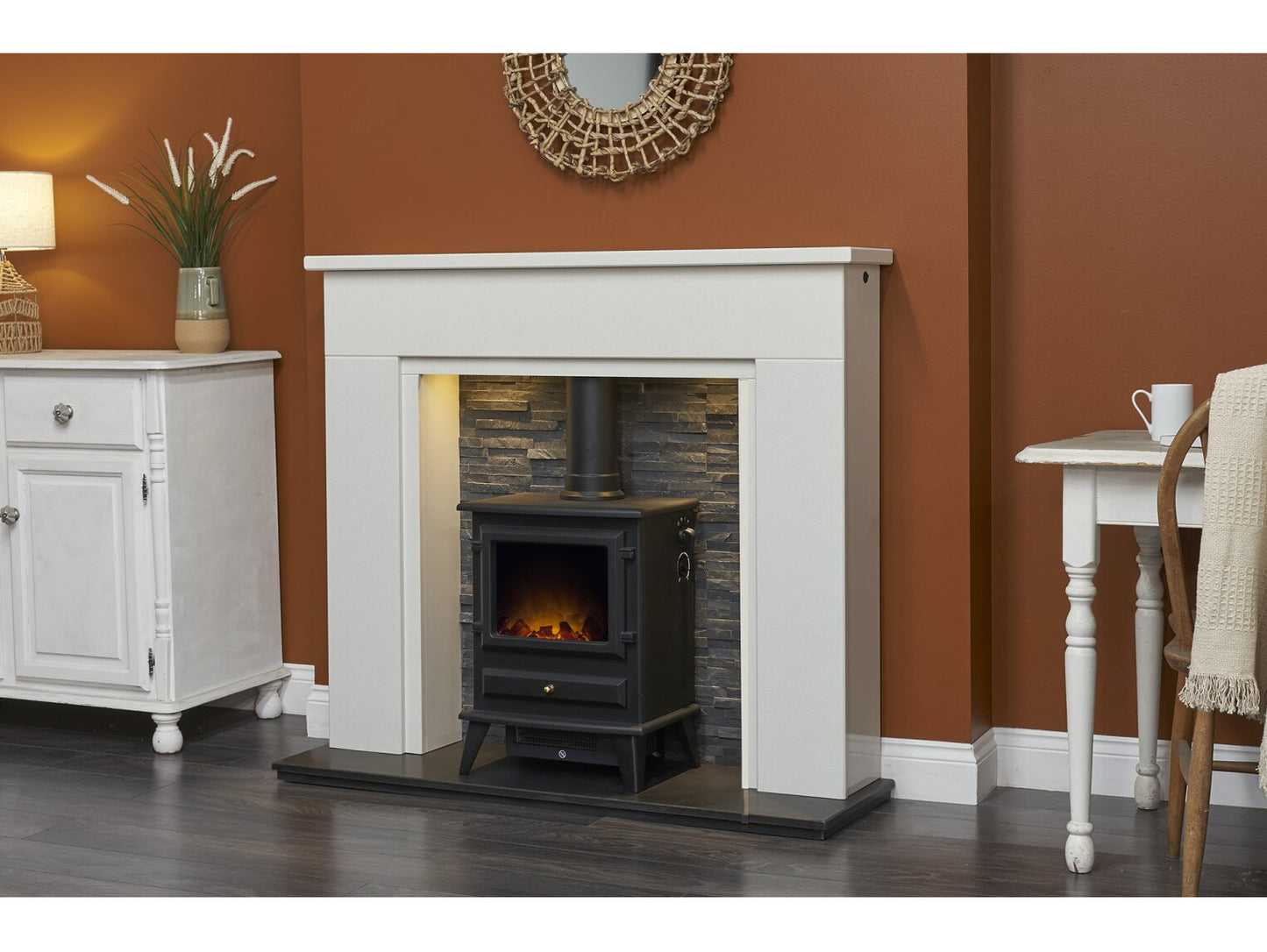 Rimini White Marble Fireplace with Downlights & Hudson Electric Stove in Black, 48 Inch