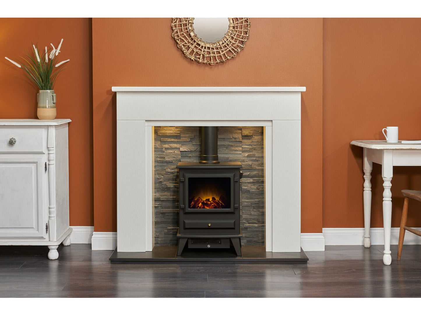 Rimini White Marble Fireplace with Downlights & Hudson Electric Stove in Black, 48 Inch