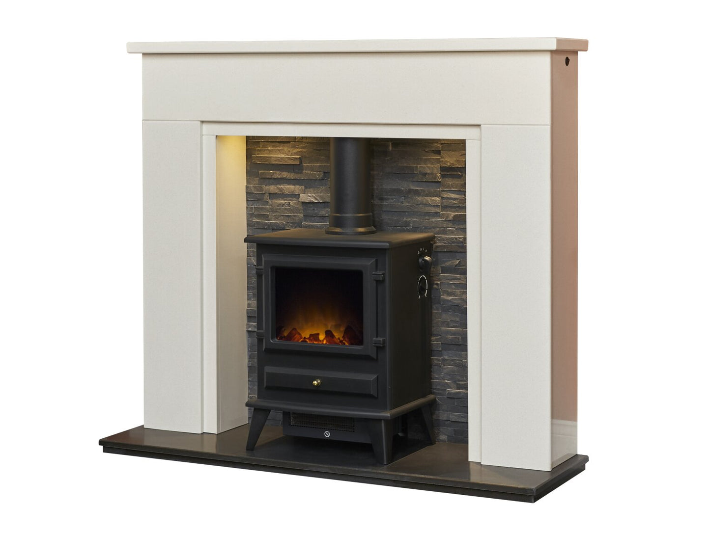 Rimini White Marble Fireplace with Downlights & Hudson Electric Stove in Black, 48 Inch