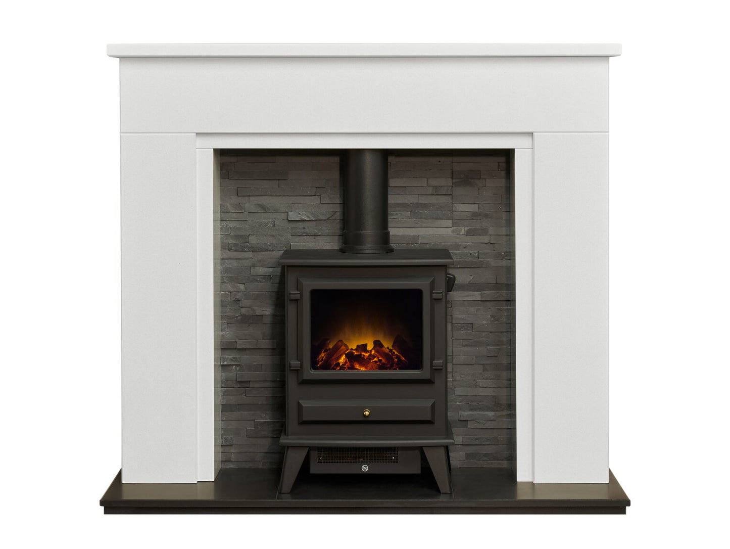 Rimini White Marble Fireplace with Downlights & Hudson Electric Stove in Black, 48 Inch