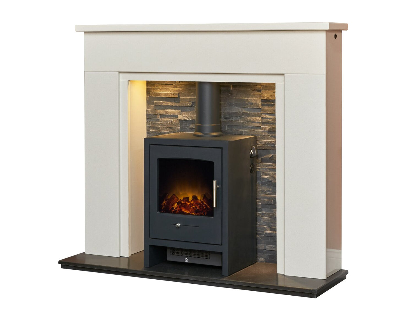 Rimini White Marble Fireplace with Downlights & Bergen Electric Stove in Charcoal Grey, 48 Inch