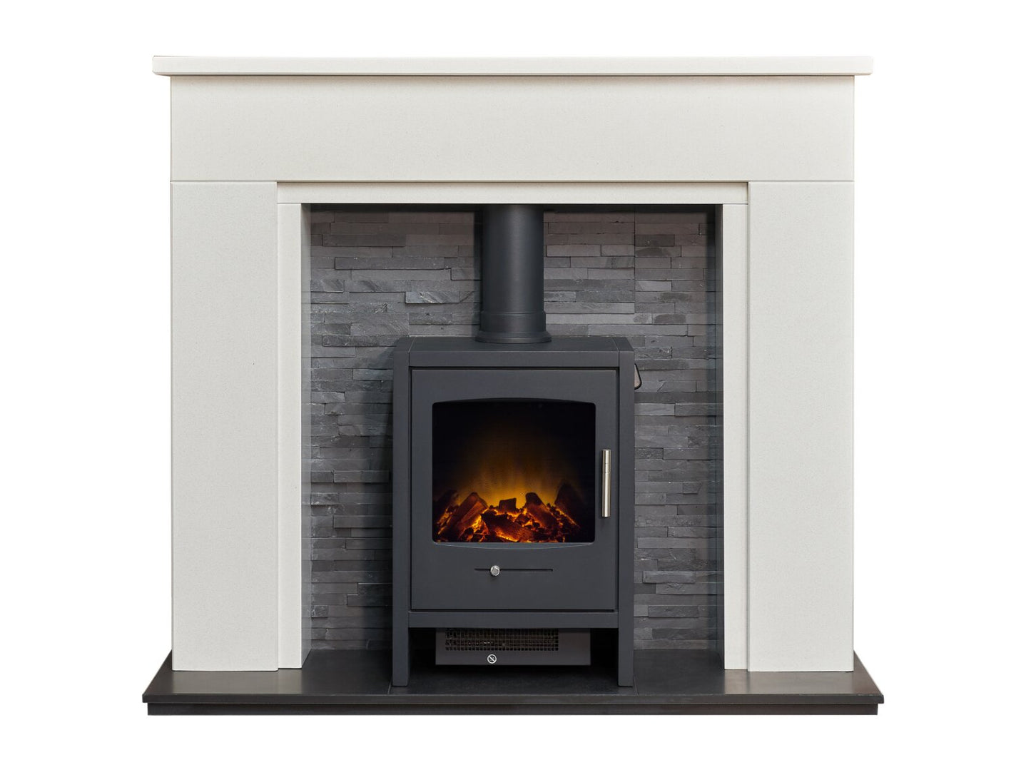 Rimini White Marble Fireplace with Downlights & Bergen Electric Stove in Charcoal Grey, 48 Inch