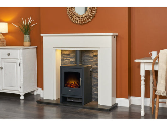 Rimini White Marble Fireplace with Downlights & Bergen Electric Stove in Charcoal Grey, 48 Inch