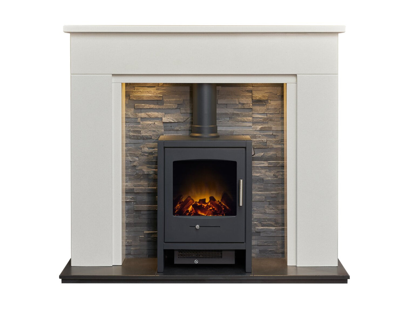 Rimini White Marble Fireplace with Downlights & Bergen Electric Stove in Charcoal Grey, 48 Inch