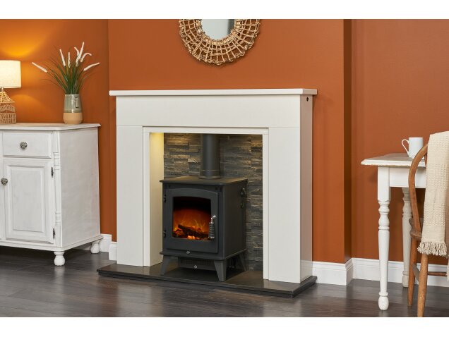 Rimini White Marble Fireplace with Downlights & Echo Electric Stove in Charcoal Grey, 48 Inch