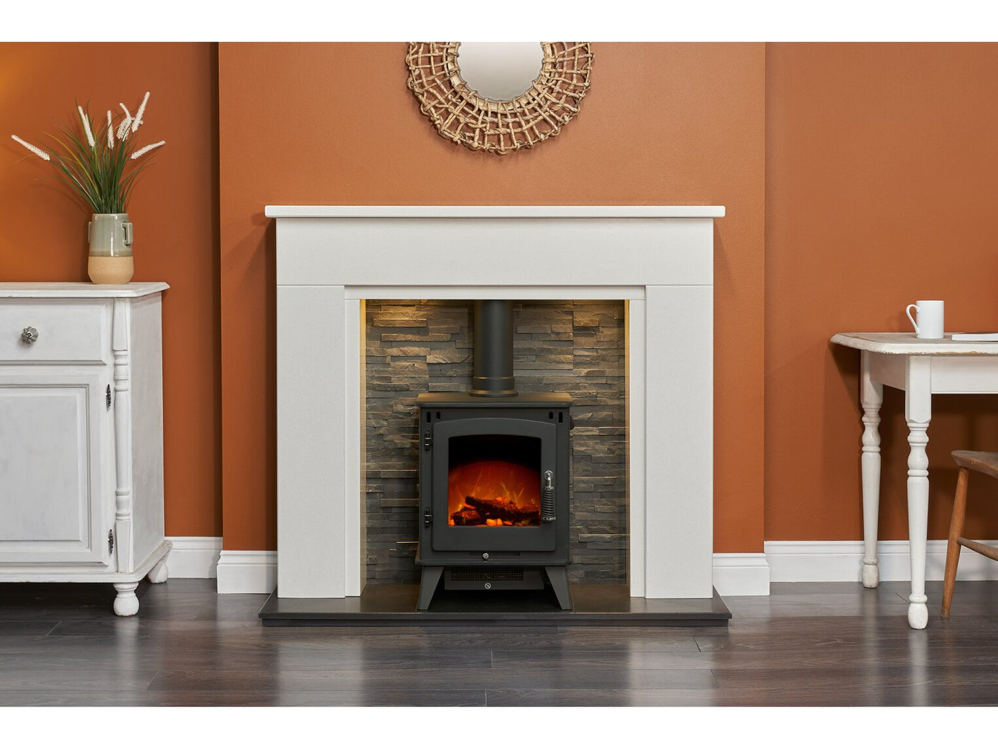 Rimini White Marble Fireplace with Downlights & Echo Electric Stove in Charcoal Grey, 48 Inch