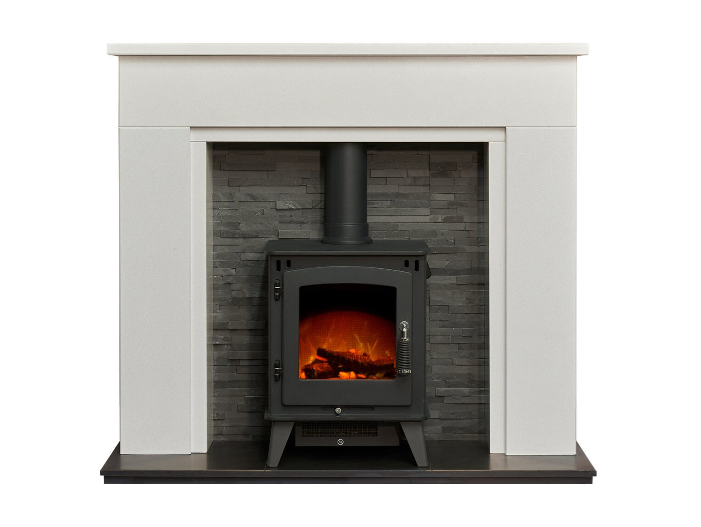 Rimini White Marble Fireplace with Downlights & Echo Electric Stove in Charcoal Grey, 48 Inch