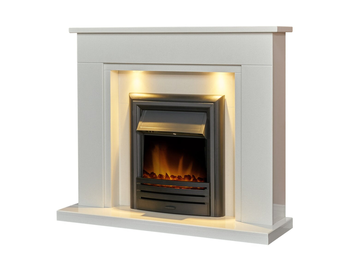 Maine White Marble Fireplace with Downlights & Carolina Electric Fire in Black, 48 Inch