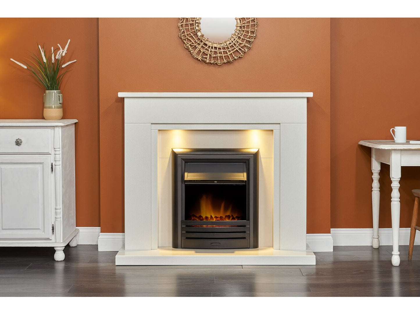 Maine White Marble Fireplace with Downlights & Carolina Electric Fire in Black, 48 Inch