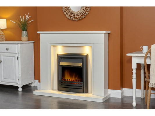 Maine White Marble Fireplace with Downlights & Carolina Electric Fire in Black, 48 Inch