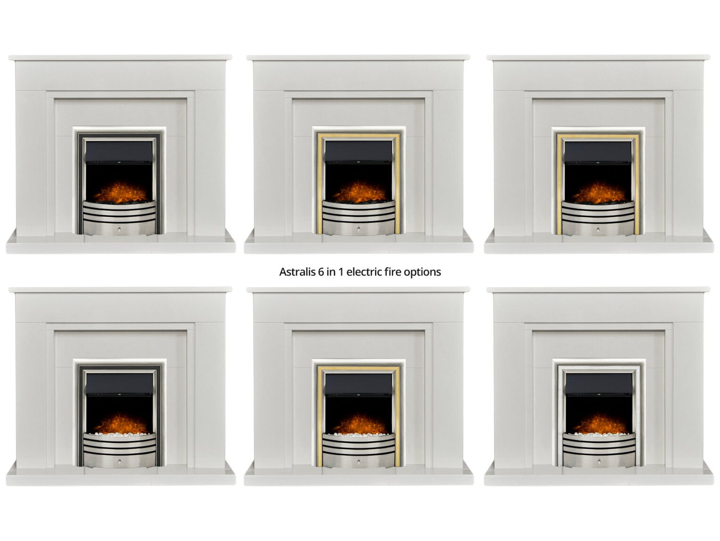 Maine White Marble Fireplace with Downlights & Astralis 6-in-1 Electric Fire in Chrome, 48 Inch