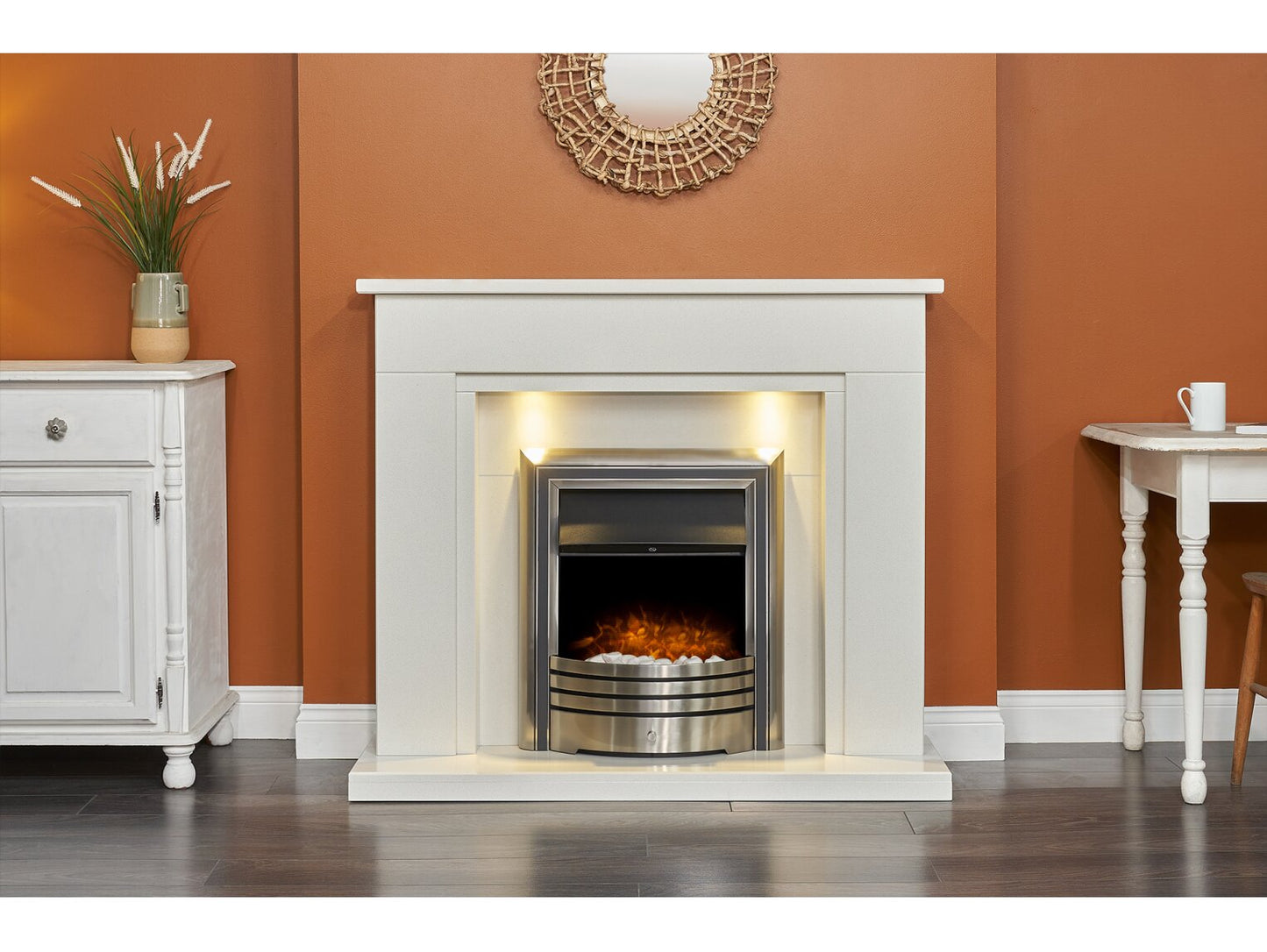 Maine White Marble Fireplace with Downlights & Astralis 6-in-1 Electric Fire in Chrome, 48 Inch