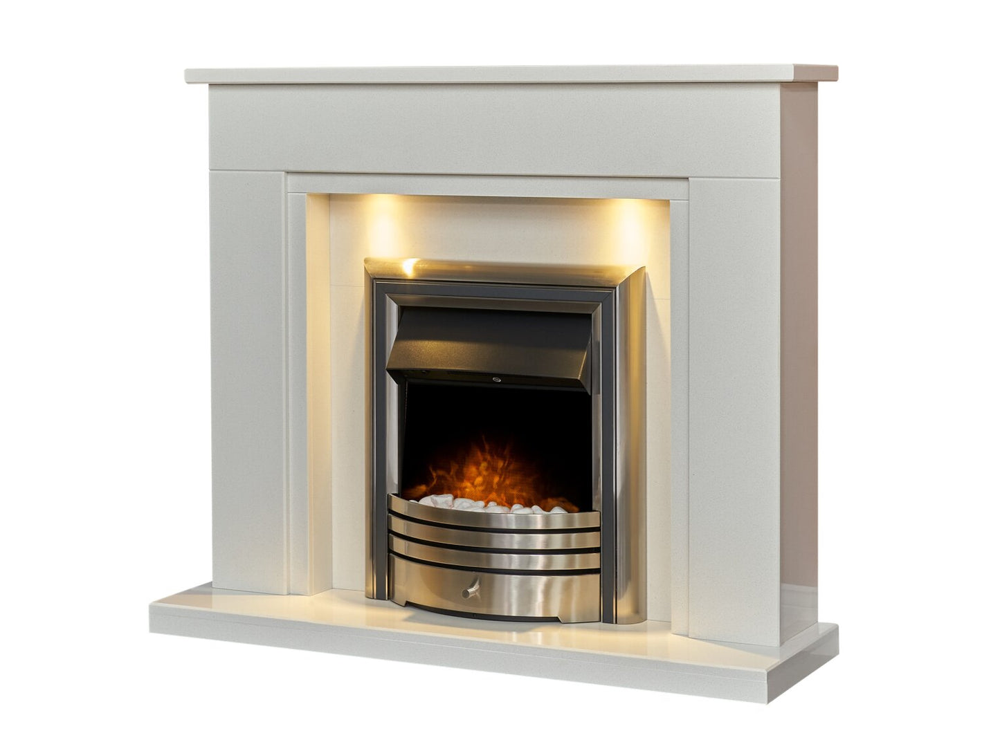 Maine White Marble Fireplace with Downlights & Astralis 6-in-1 Electric Fire in Chrome, 48 Inch