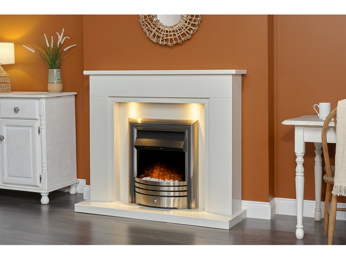 Maine White Marble Fireplace with Downlights & Astralis 6-in-1 Electric Fire in Chrome, 48 Inch