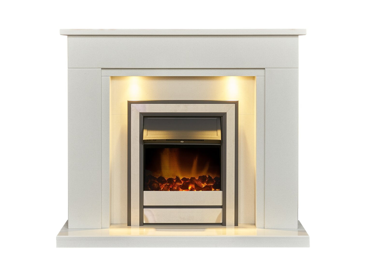 Maine White Marble Fireplace with Downlights & Argo Electric Fire in Brushed Steel, 48 Inch