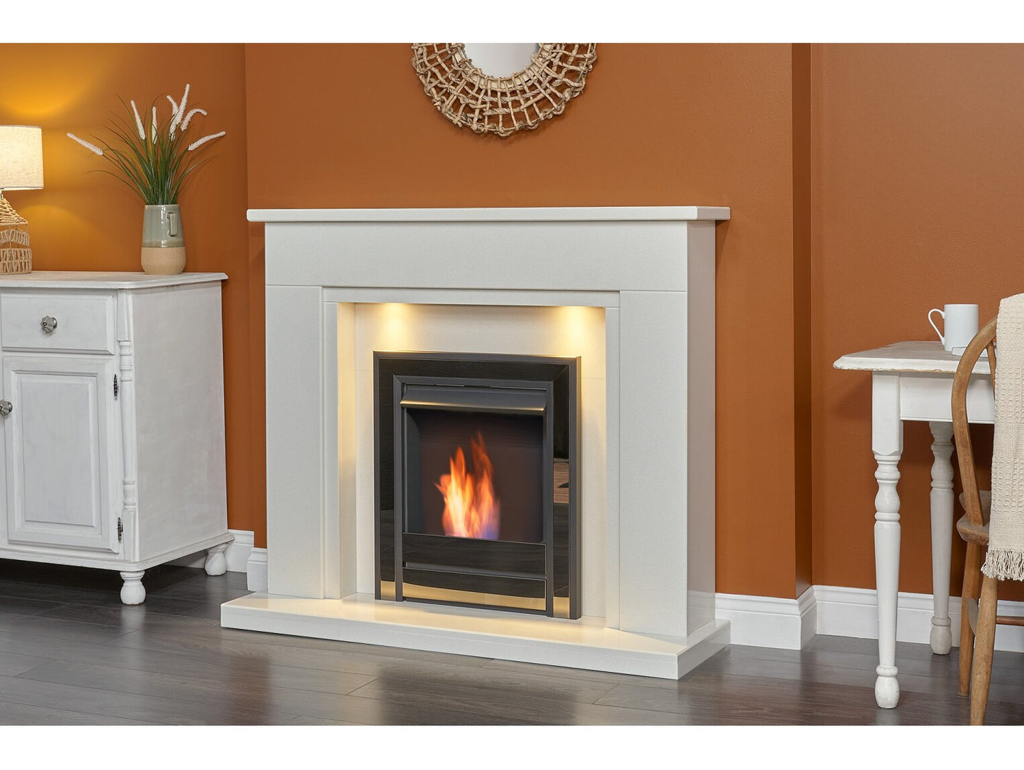 Maine White Marble Fireplace with Downlights & Argo Bio Ethanol Fire in Black Nickel, 48 Inch