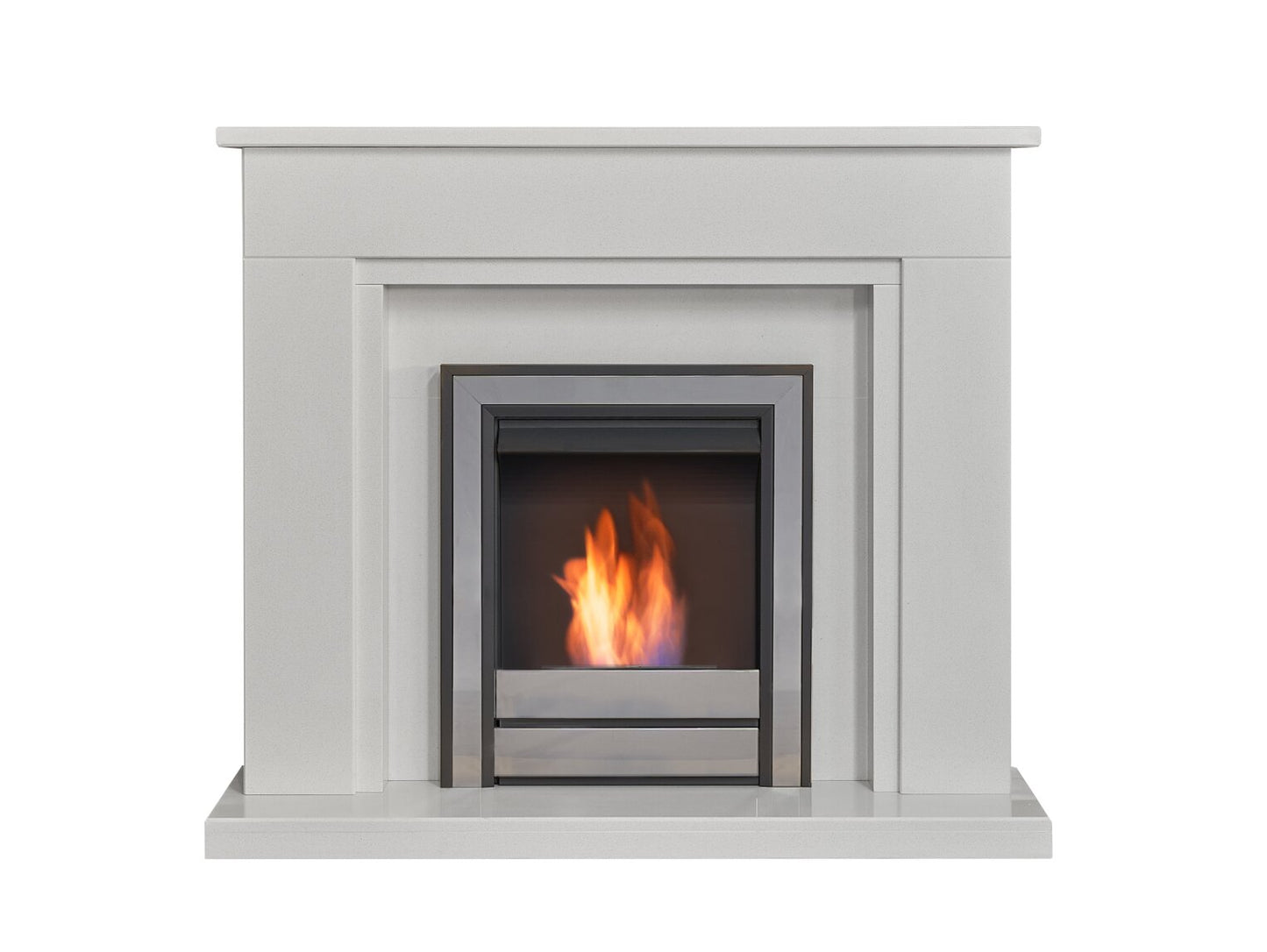 Maine White Marble Fireplace with Downlights & Argo Bio Ethanol Fire in Black Nickel, 48 Inch