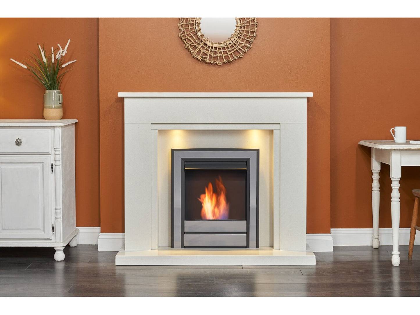 Maine White Marble Fireplace with Downlights & Argo Bio Ethanol Fire in Black Nickel, 48 Inch