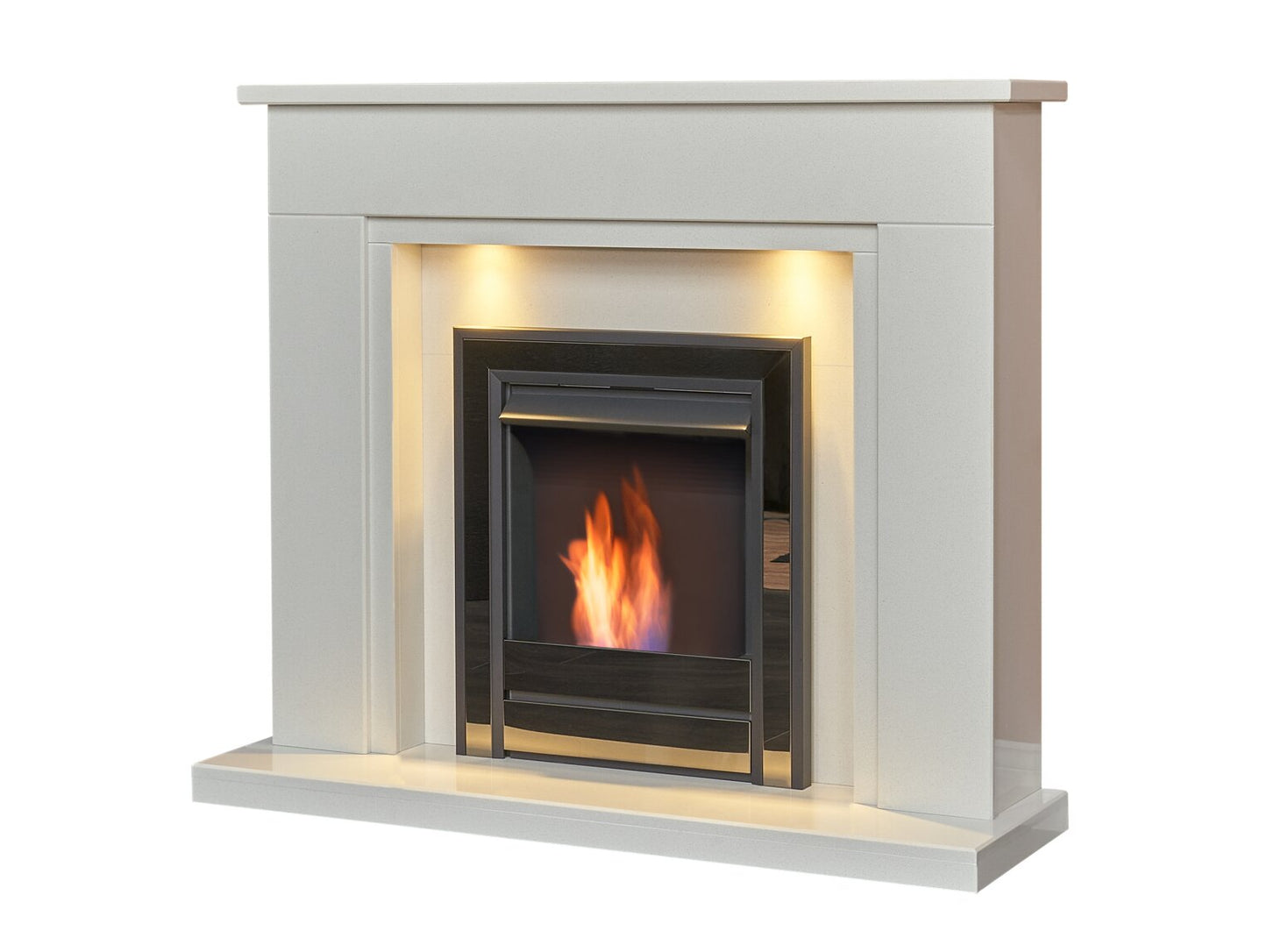 Maine White Marble Fireplace with Downlights & Argo Bio Ethanol Fire in Black Nickel, 48 Inch