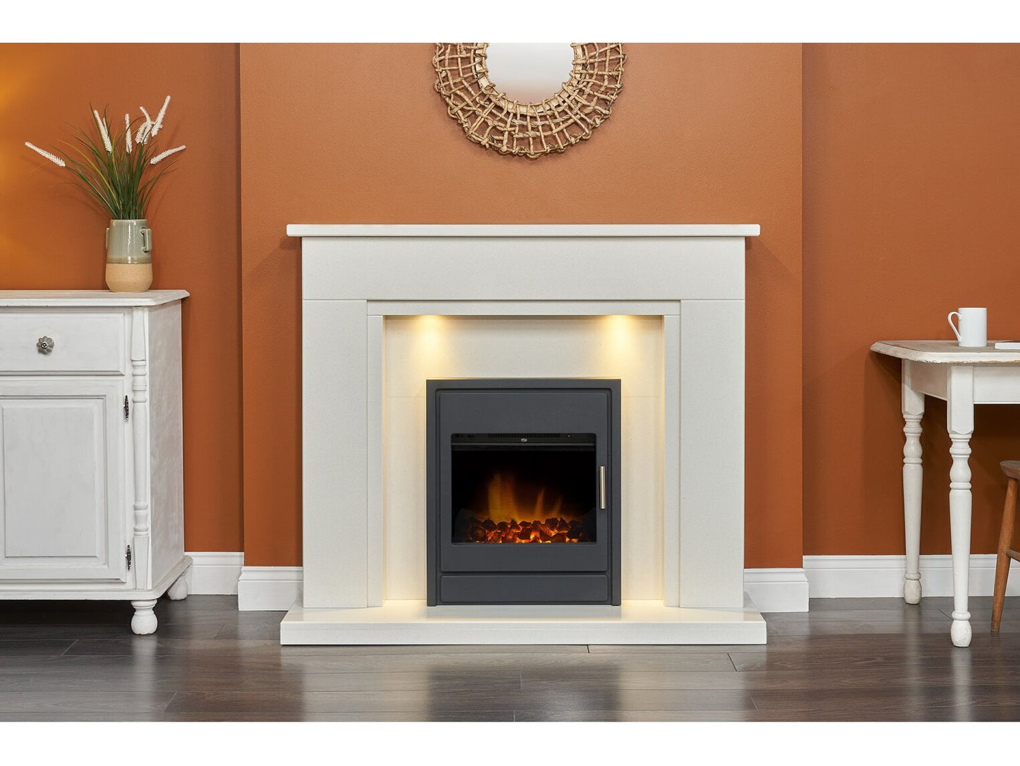 Maine White Marble Fireplace with Downlights & Alta Electric Inset Stove in Black, 48 Inch