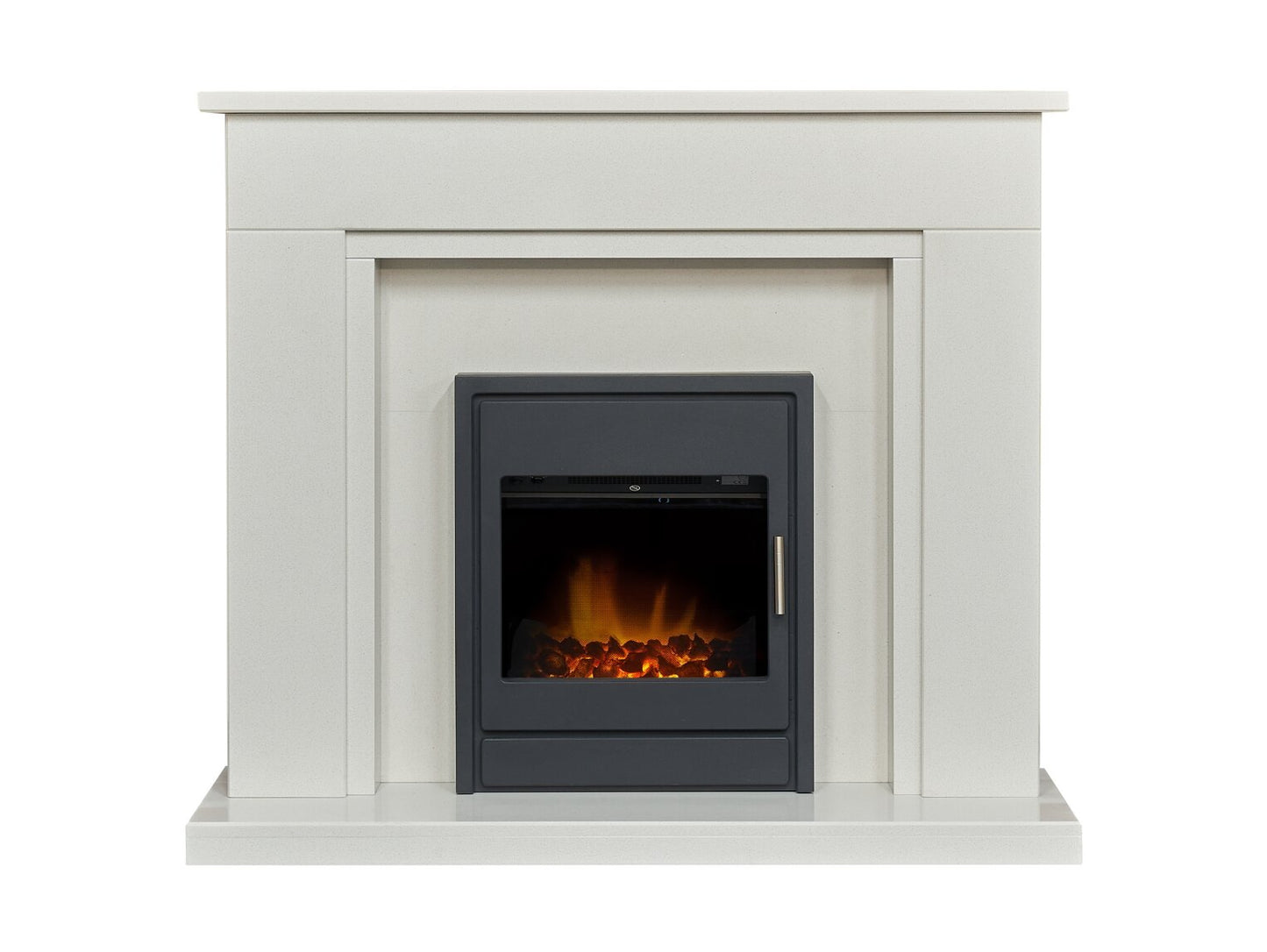 Maine White Marble Fireplace with Downlights & Alta Electric Inset Stove in Black, 48 Inch