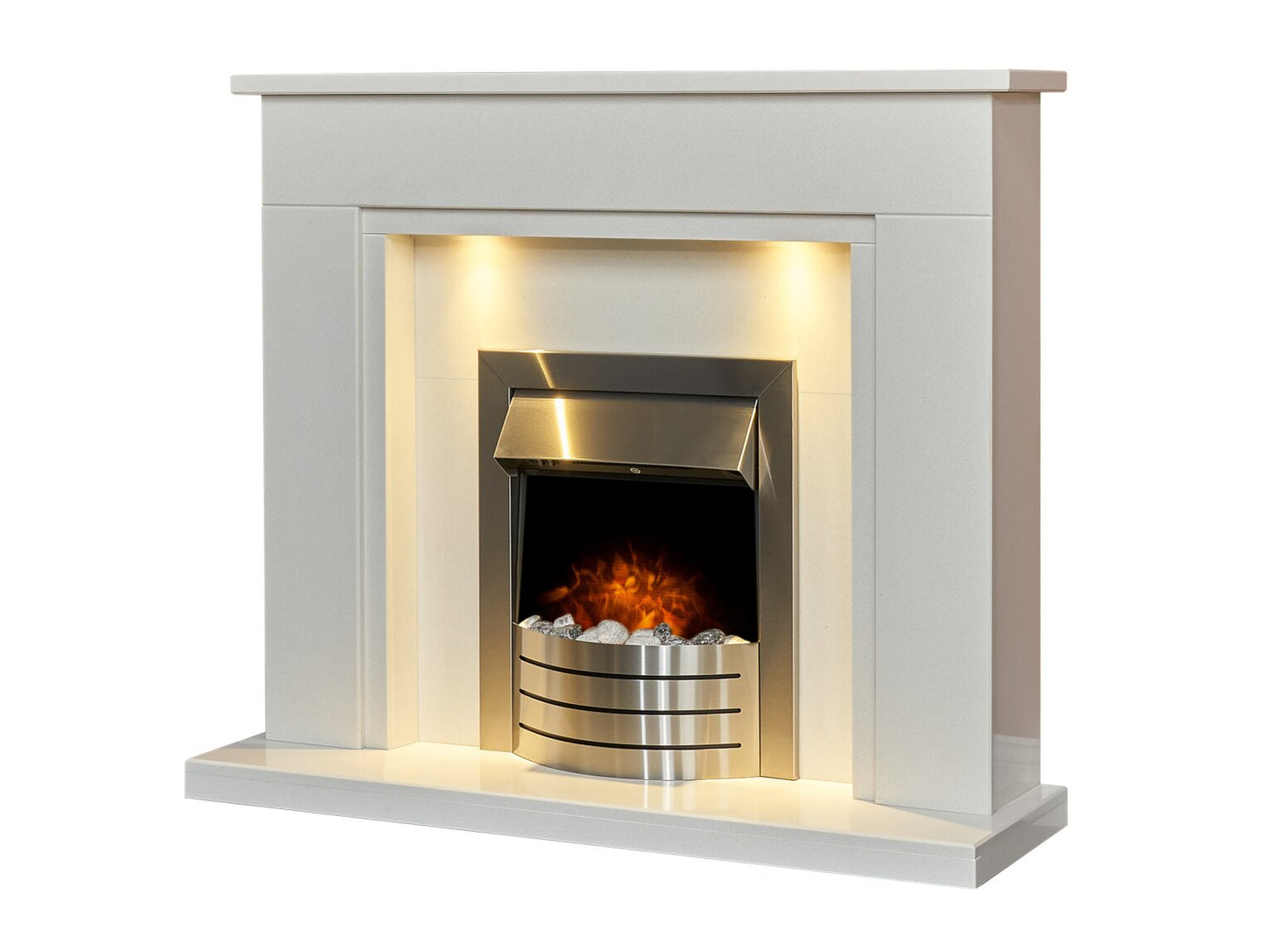 Maine White Marble Fireplace with Downlights & Comet Electric Fire in Brushed Steel, 48 Inch