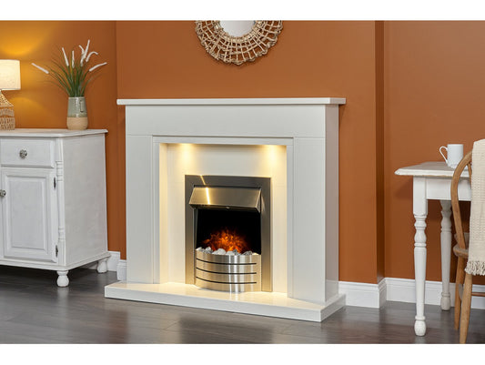 Maine White Marble Fireplace with Downlights & Comet Electric Fire in Brushed Steel, 48 Inch