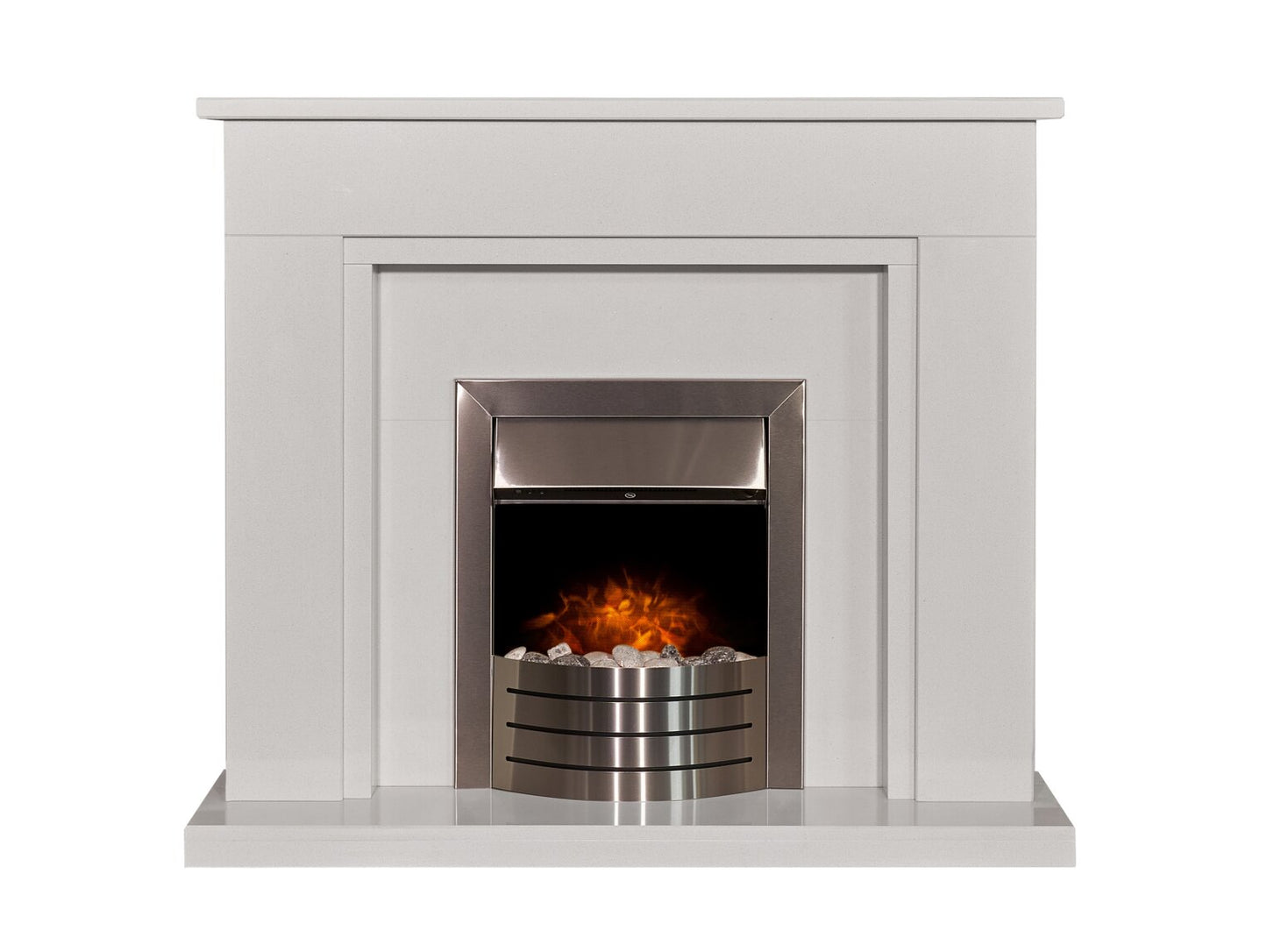 Maine White Marble Fireplace with Downlights & Comet Electric Fire in Brushed Steel, 48 Inch