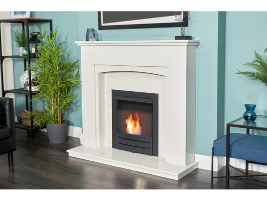 Sarande White Marble Fireplace with Downlights & Colorado Bio Ethanol Fire in Black, 48 Inch