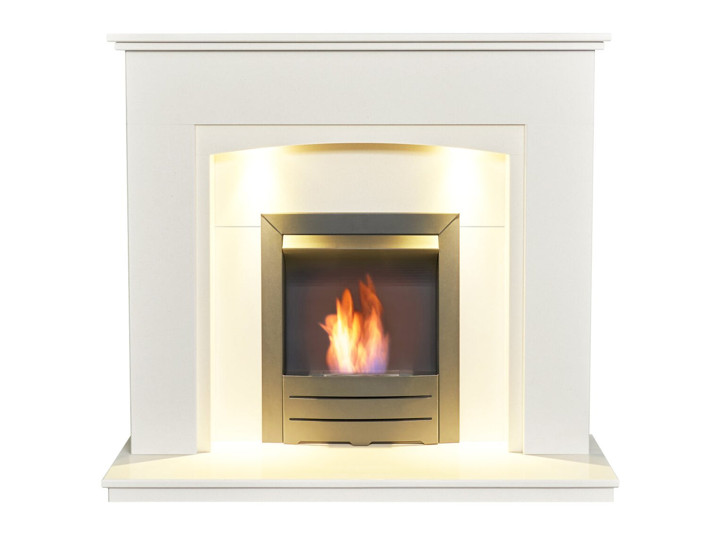 Sarande White Marble Fireplace with Downlights & Colorado Bio Ethanol Fire in Black, 48 Inch