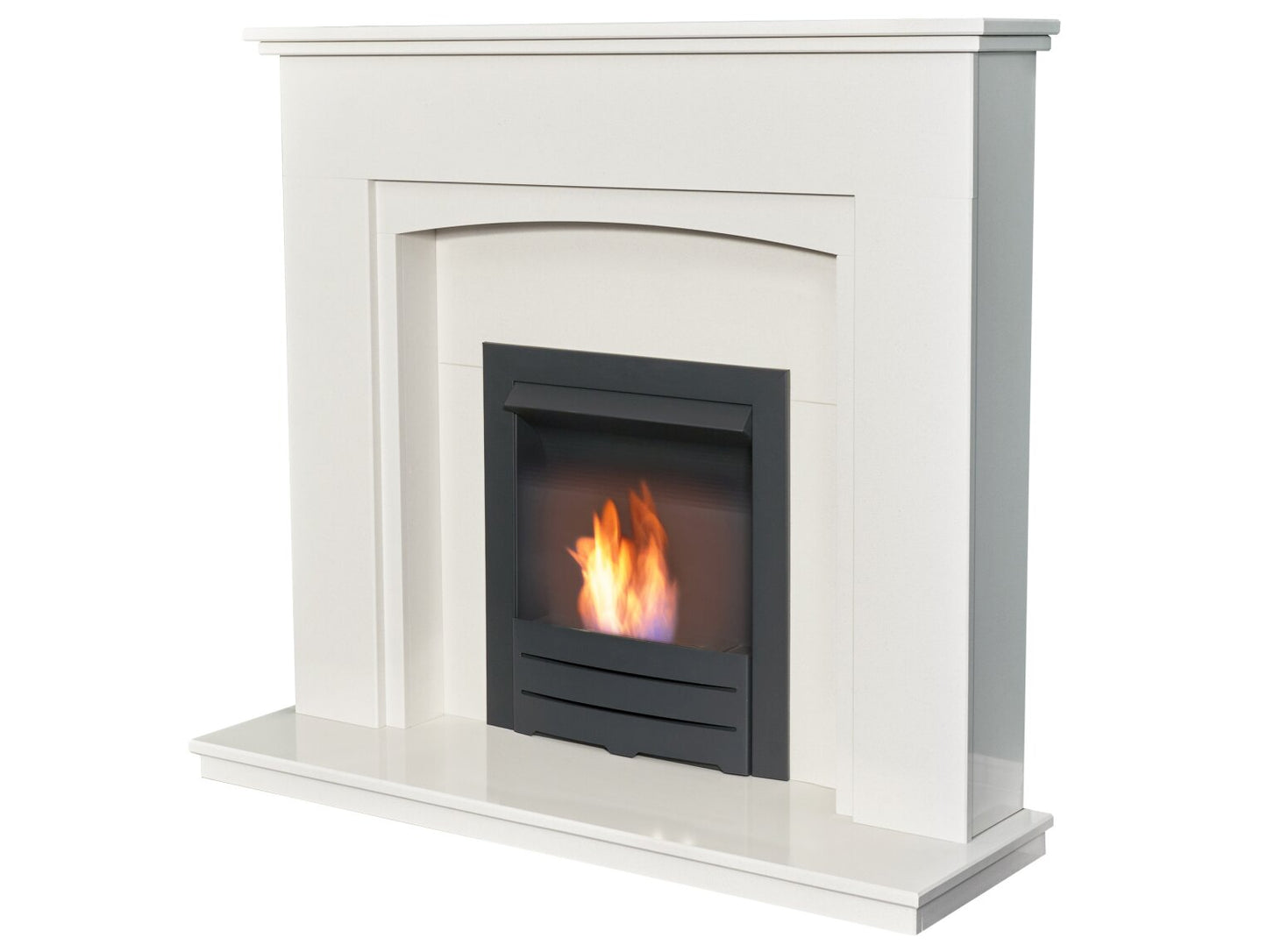 Sarande White Marble Fireplace with Downlights & Colorado Bio Ethanol Fire in Black, 48 Inch