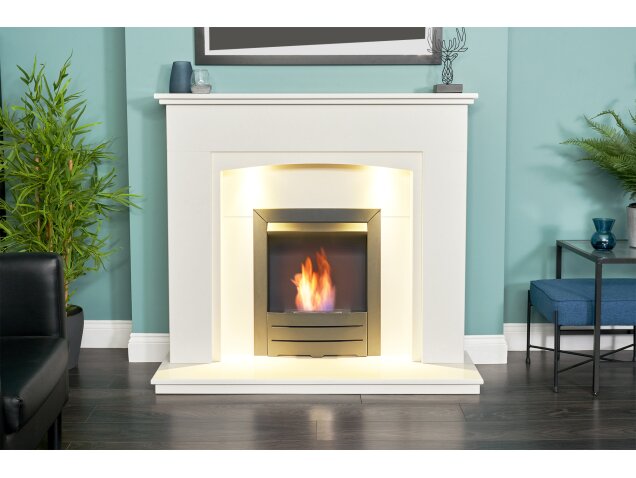 Sarande White Marble Fireplace with Downlights & Colorado Bio Ethanol Fire in Black, 48 Inch