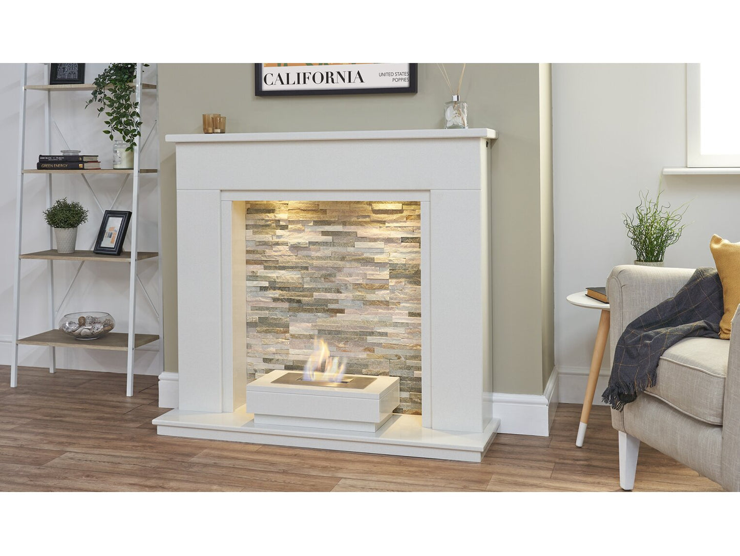 Amalfi White Marble Fireplace with Downlights & Altea Bio Ethanol Burner, 48 Inch