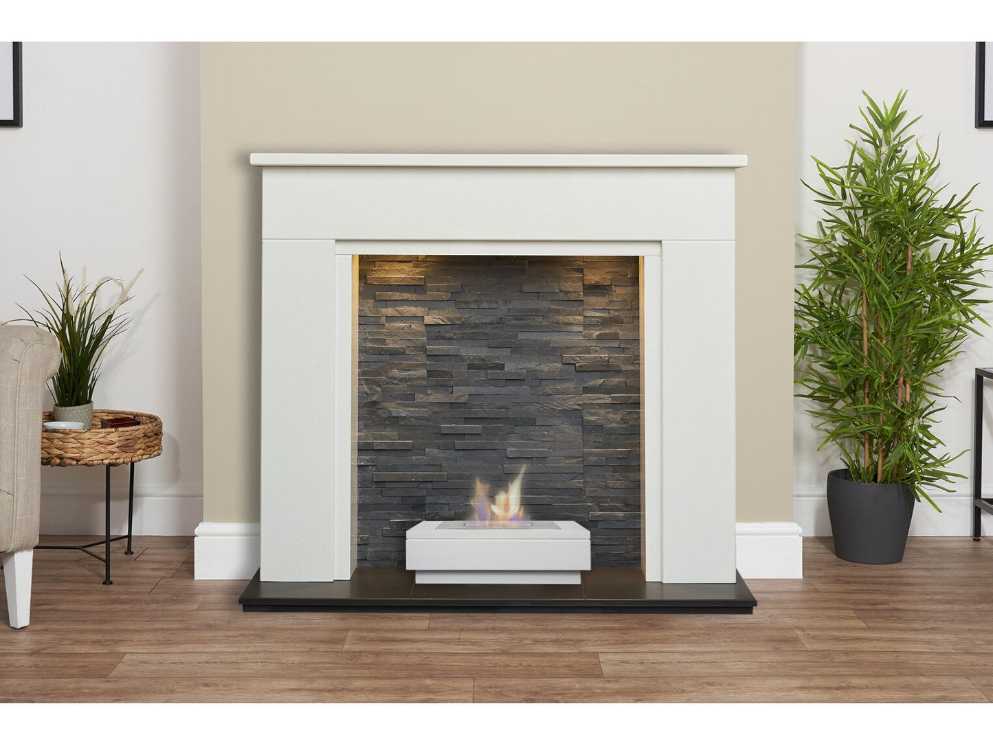 Rimini White Marble Fireplace with Downlights & Altea Bio Ethanol Burner, 48 Inch