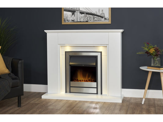 Eltham Fireplace in Pure White with Downlights & Argo Electric Fire in Brushed Steel, 45 Inch