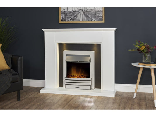 Eltham Fireplace in Pure White & Black with Downlights & Eclipse Electric Fire in Chrome, 45 Inch