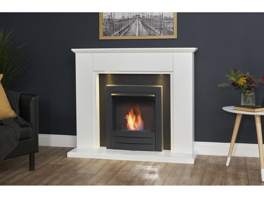 Eltham Fireplace in Pure White & Black with Downlights & Colorado Bio Ethanol in Black, 45 Inch