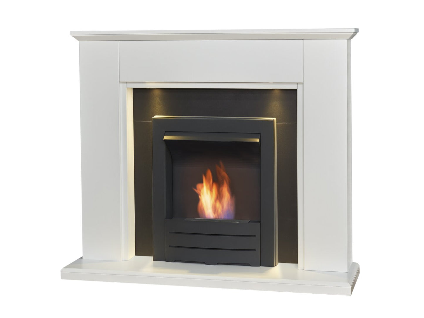 Eltham Fireplace in Pure White & Black with Downlights & Colorado Bio Ethanol in Black, 45 Inch